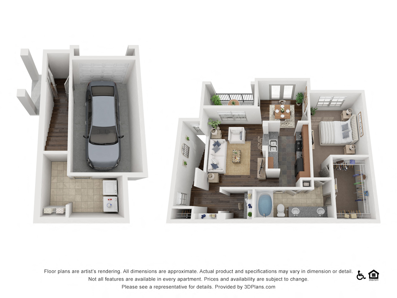 Floor plan for 1 bed, 1 bath, 1077 sqft
